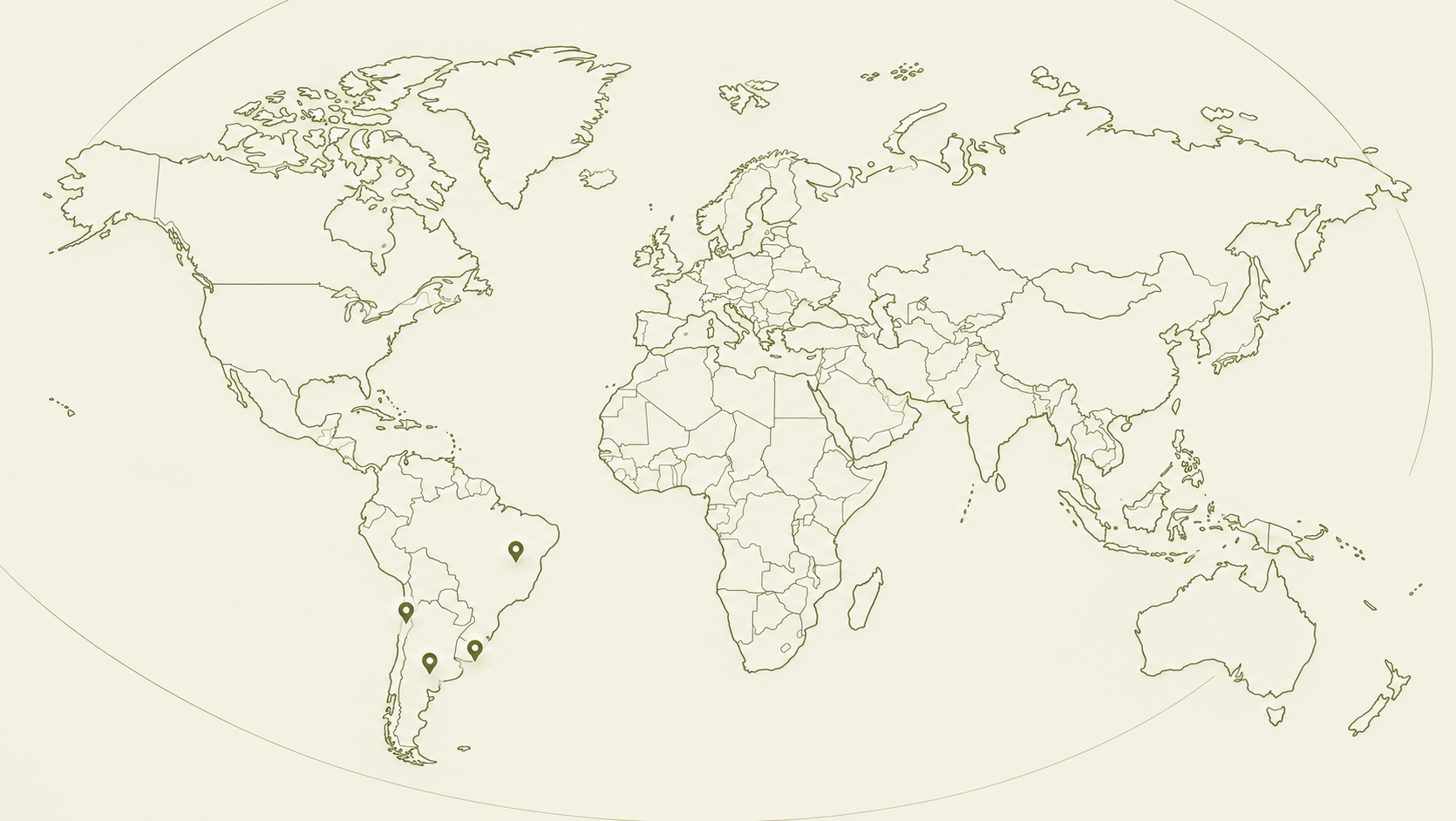 Mapa mundial de mercados con Argentina, Chile, Brasil y Uruguay destacados